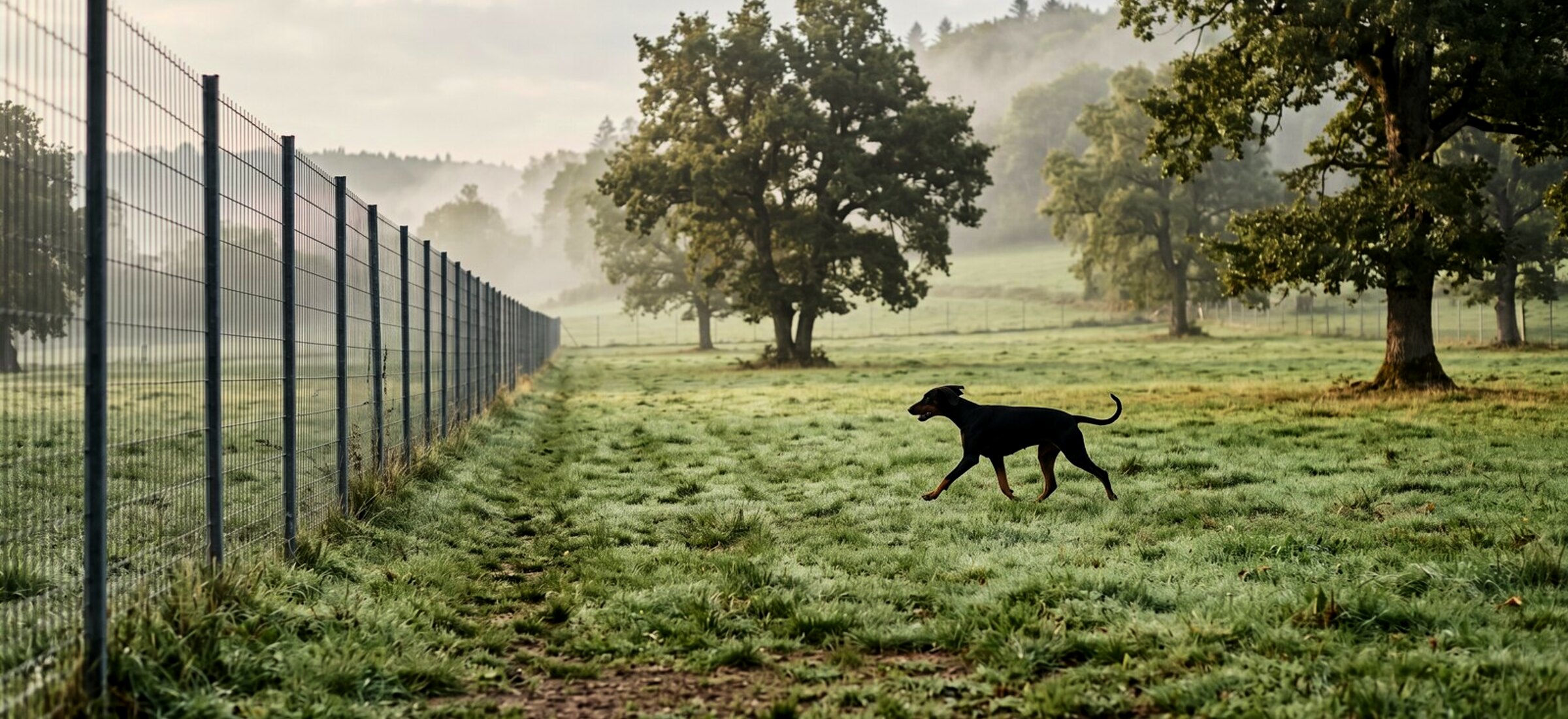 Parc clôturé du Domaine de Veyrac au lever du jour, un Dobermann naturel au loin