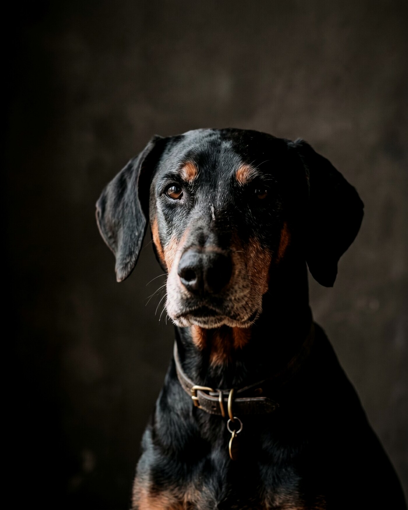 Portrait clair-obscur d’un Dobermann à oreilles naturelles du Domaine de Veyrac